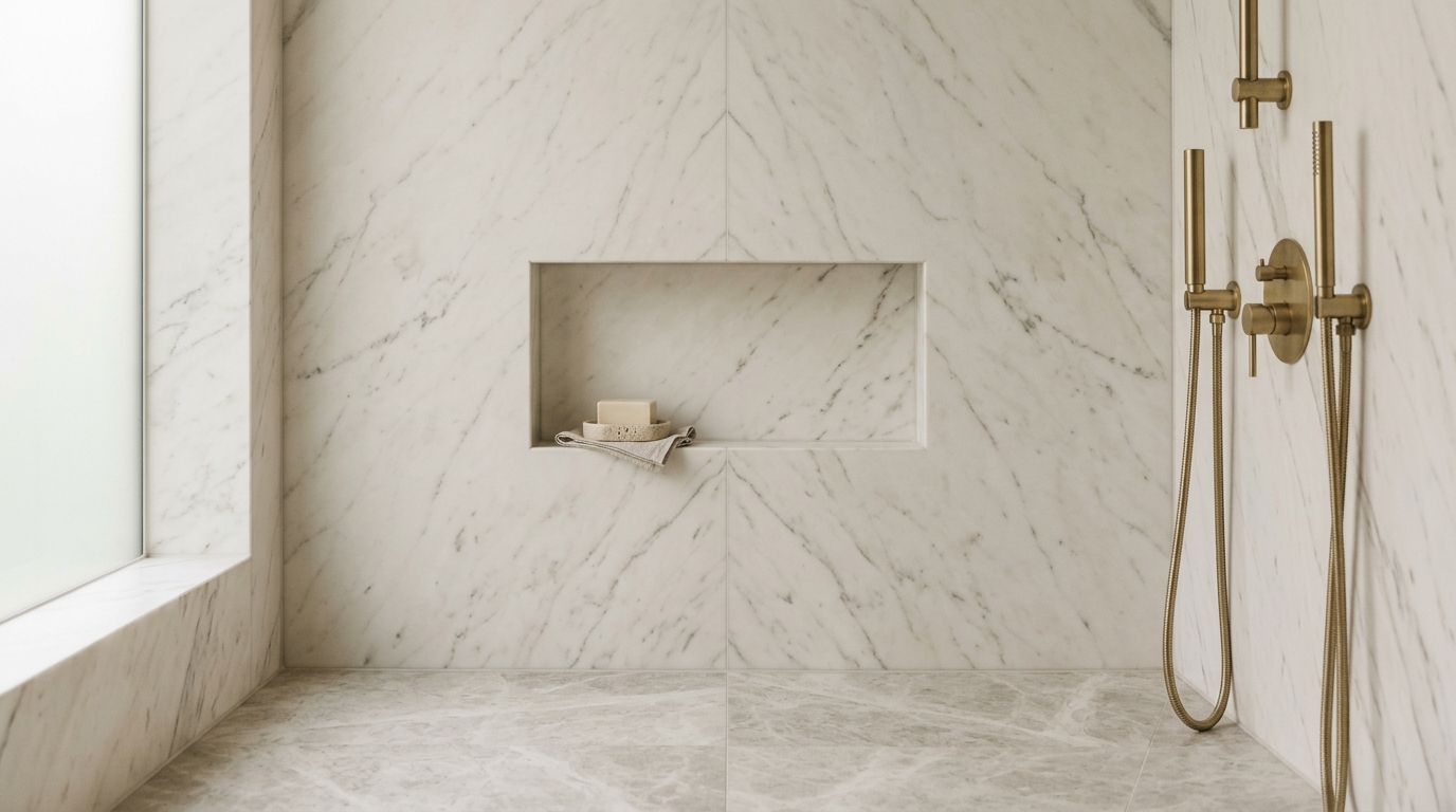 Book-matched Calacatta marble ensuite shower niche with brushed brass tapware, Toorak residence