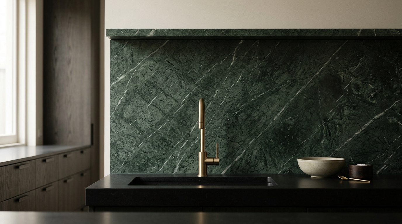 Verde Alpi marble kitchen splashback with brass mixer and stone benchtop, Hawthorn