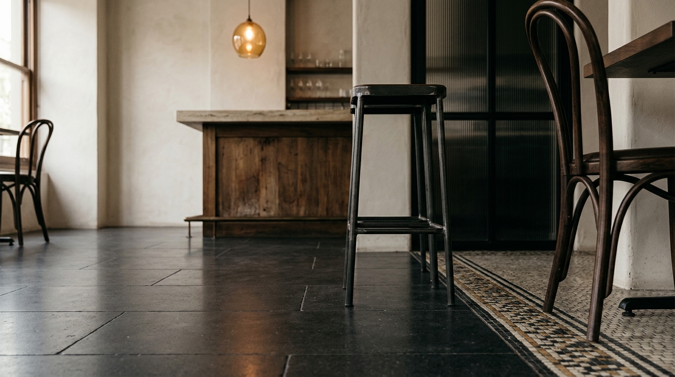 Black stone tiled bistro floor meeting a tessellated mosaic border, Fitzroy café