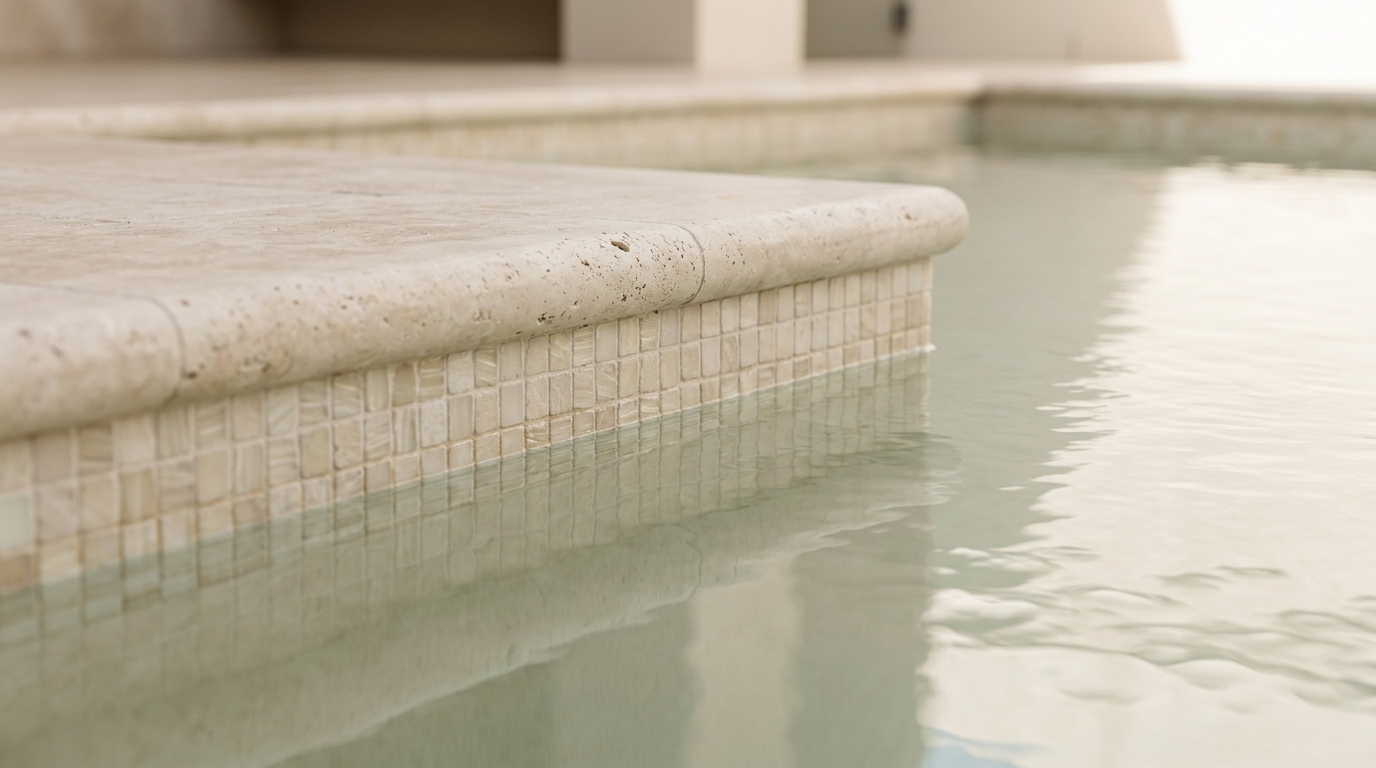 Travertine pool coping over pale glass mosaic waterline tiles, Brighton home