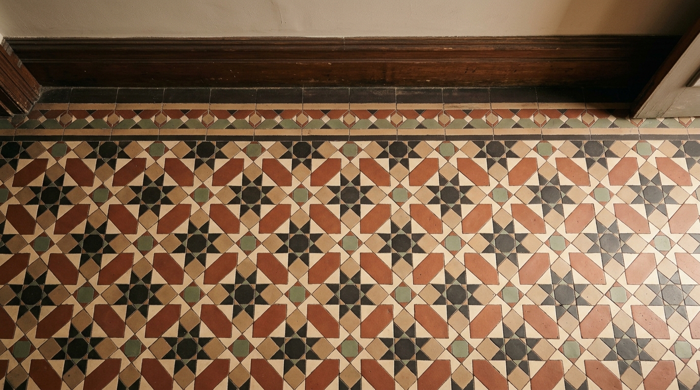 Restored Victorian tessellated hallway floor in red, black and cream geometry, Carlton terrace