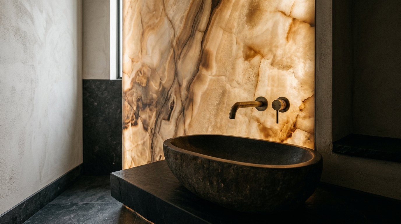 Backlit honey onyx feature wall with dark stone vessel basin, Armadale powder room