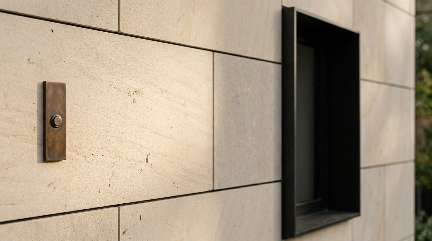 Limestone-clad residential entry facade with bronze letterplate, South Yarra