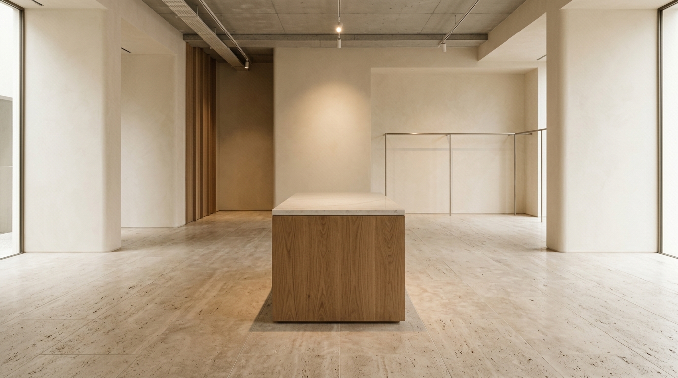 Travertine plank floor in a minimal retail studio interior, Richmond