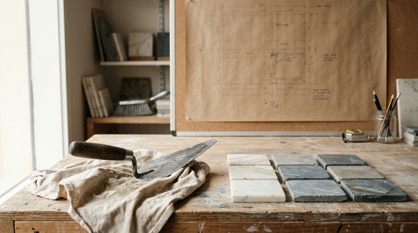 Well-used tiler's trowel on a dust cloth beside marble and bluestone sample tiles on the Lavars workshop bench