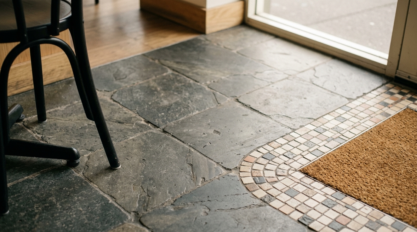 Bluestone café floor meeting a fine tessellated mosaic threshold at the front door