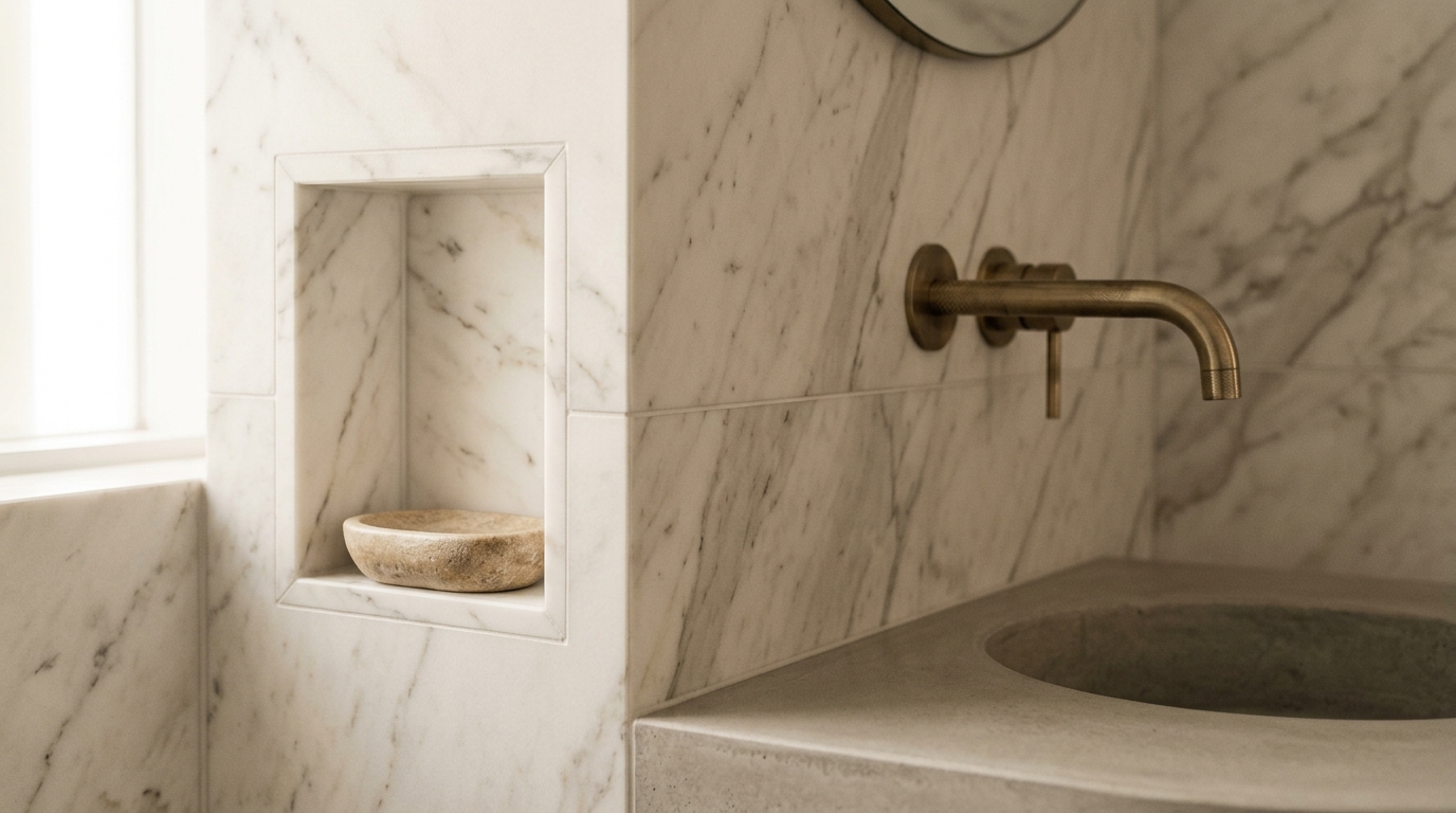 Residential marble bathroom with recessed niche, stone basin and brass wall spout