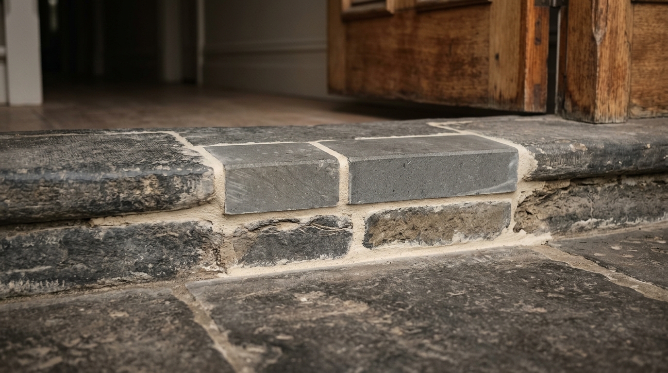Restored Victorian bluestone threshold and cobble floor at a heritage doorway